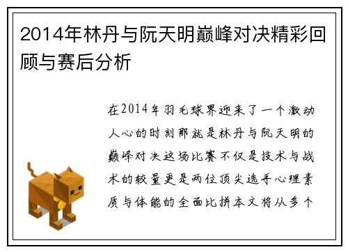 2014年林丹与阮天明巅峰对决精彩回顾与赛后分析